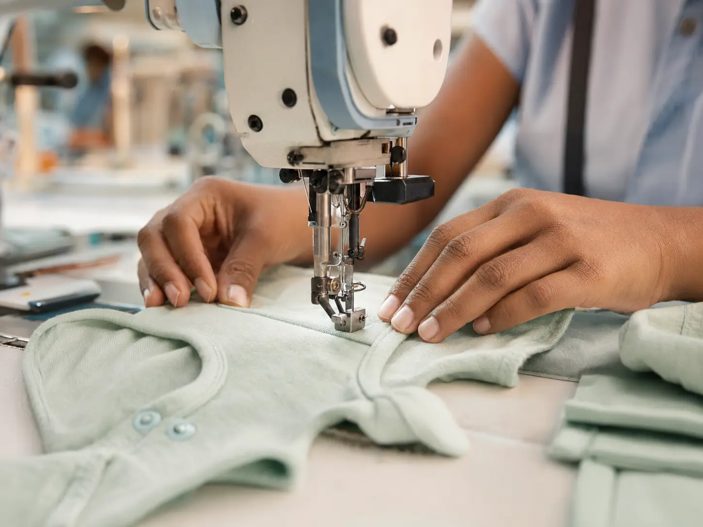 Close-up of skilled hands sewing a soft baby garment