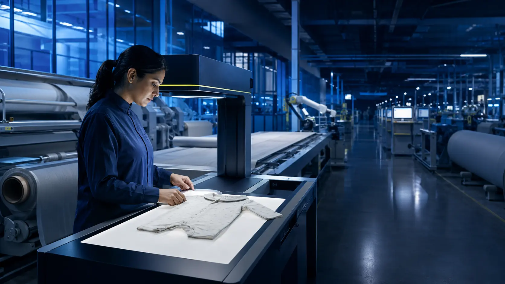 Production engineer inspecting a baby garment with precision technology