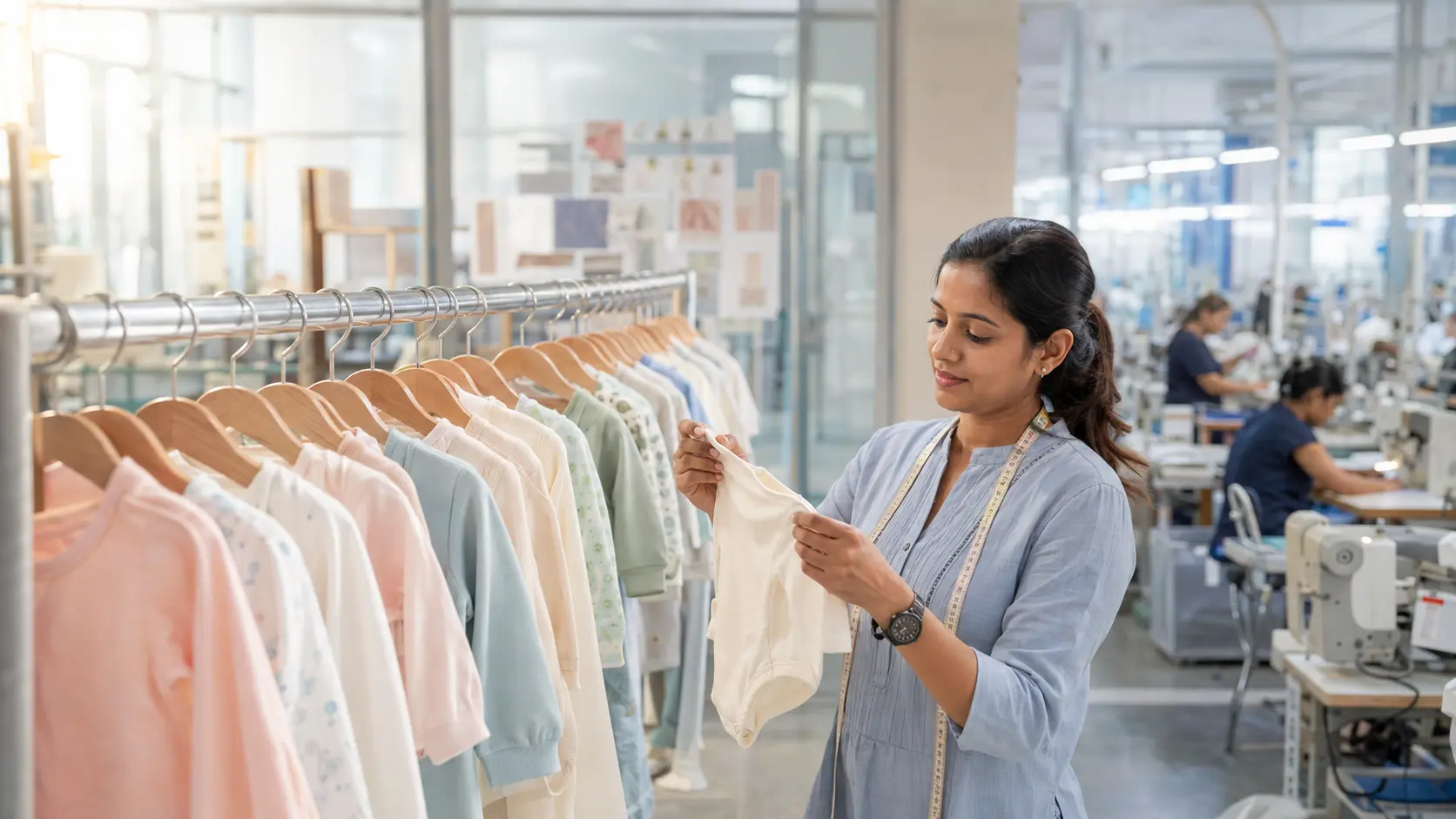 Babywear specialist inspecting a finished newborn garment