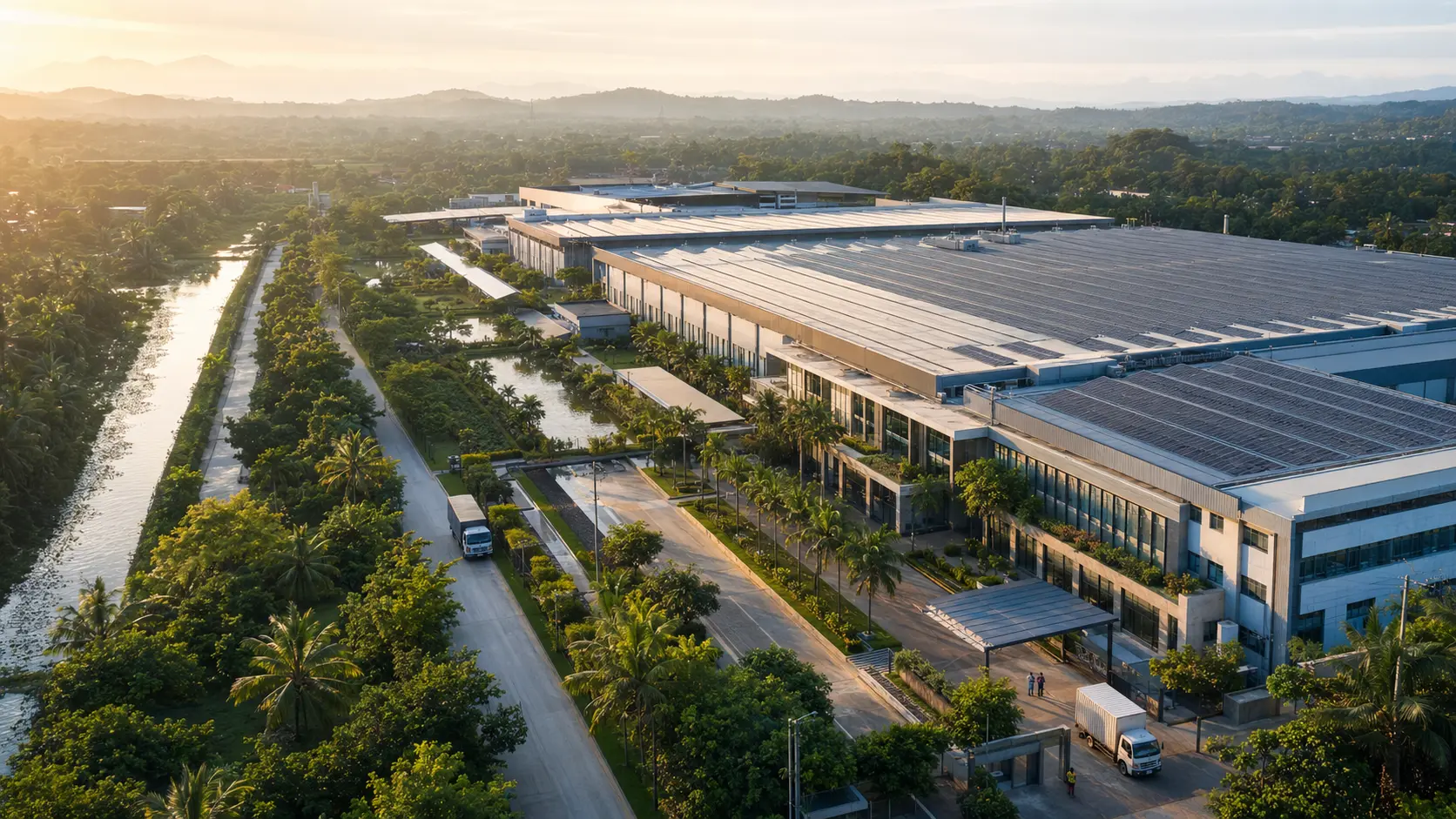 Responsible apparel manufacturing campus surrounded by greenery